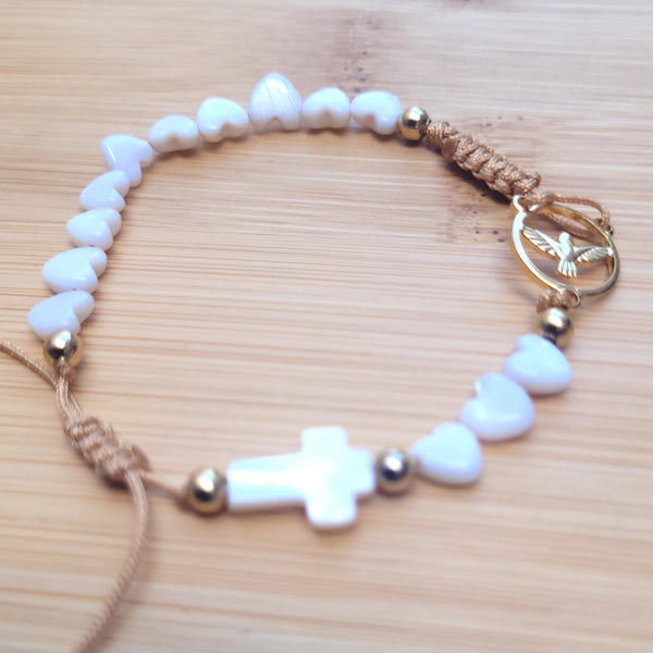 Pulsera denario con corazones y cruz