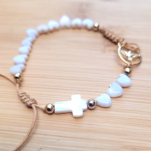 Pulsera denario con corazones y cruz